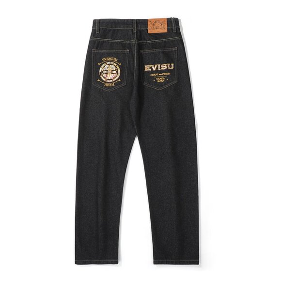 Japanese Pattern Kamon And Logo Embroidery Carrot Fit Jeans Women's - Picture 1 of 8